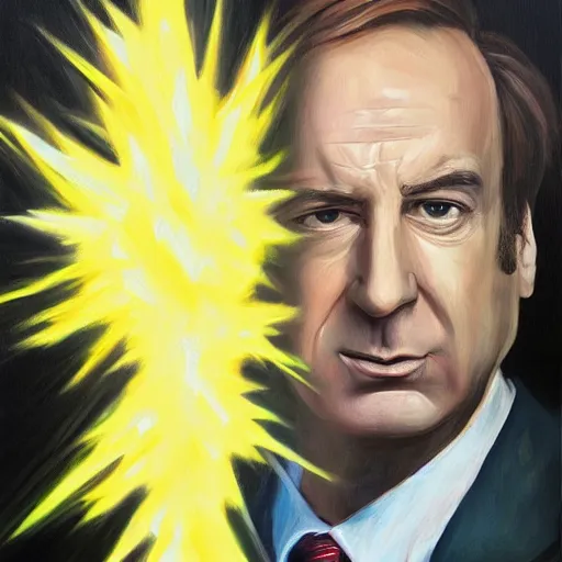 Prompt: oil painting of saul goodman going super sayian