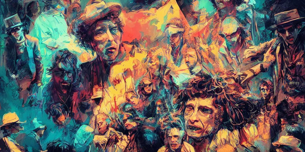 Image similar to rolling thunder revue, bob dylan, colorful, contrast, kim jung gi, greg rutkowski, zabrocki, karlkka, jayison devadas, trending on artstation, 8 k, ultra wide angle, pincushion lens effect