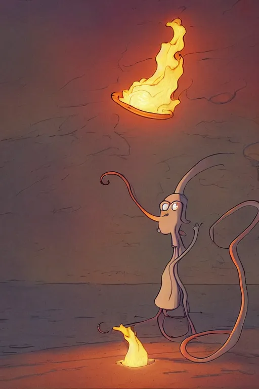 Image similar to squidward firebending outside at susnset, art by [ [ moebius ] ]