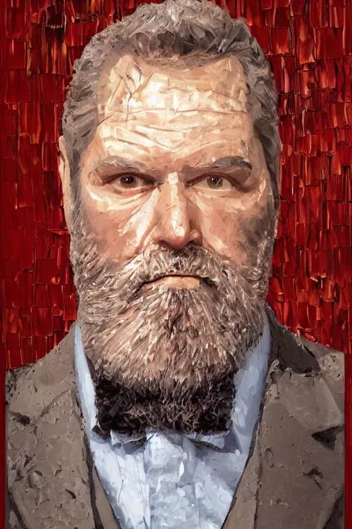 Image similar to palette knife oil painting of professor clay, middle - aged, thickset, barrel chest, voluminous, salt - and - pepper beard. eyes smolder like embers. dress shirt and suspenders, sleeves rolled, tie loosened. extreme detail. artstation trending, artgerm, deviant art, octane, substance, art history 8 k