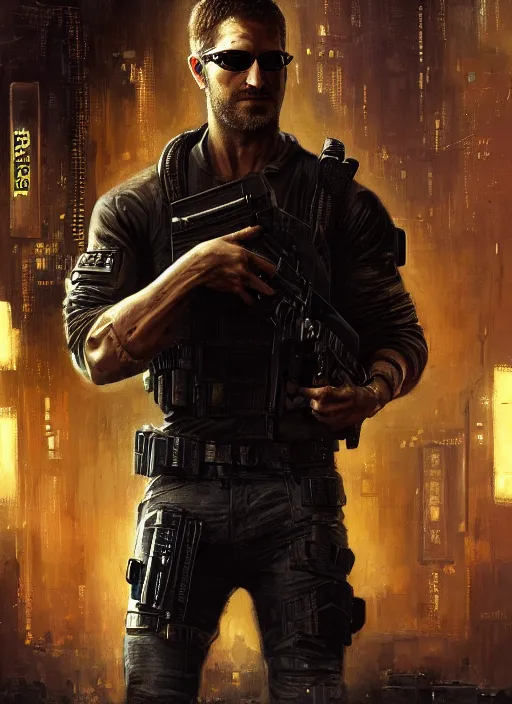 Image similar to sam fisher. cyberpunk mercenary in a military vest ( blade runner 2 0 4 9, cyberpunk 2 0 7 7 ). orientalist portrait by john william waterhouse and james gurney and theodore ralli and nasreddine dinet, oil on canvas. cinematic, hyper realism, realistic proportions, dramatic lighting, high detail 4 k