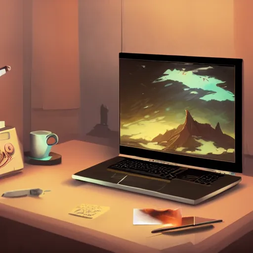 Image similar to computer desk, monitor, steaming coffee on desk, dimly lit bedroom, unreal engine, fantasy art by greg, loish, rhads, ferdinand knab, makoto shinkai and lois van baarle, ilya kuvshinov, rossdraws, tom bagshaw, night lighting, trending onstudio ghibli, highly detailed, octane render, 8 k