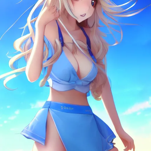 Image similar to a very beautiful anime cute girl, full body, long wavy blond hair, sky blue eyes, full round face, short smile, bikini, miniskirt, front view, medium shot, mid-shot, highly detailed, cinematic wallpaper by Stanley Artgerm Lau