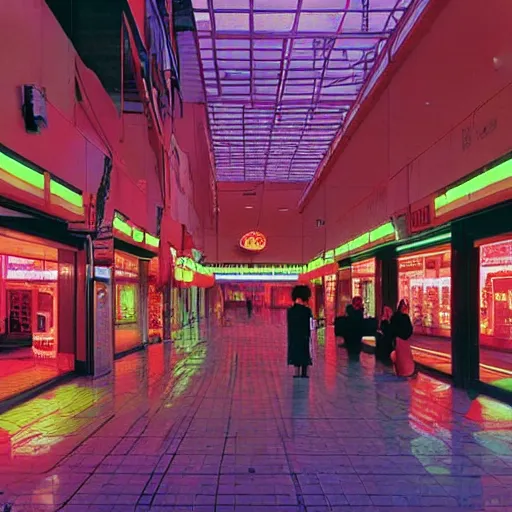 Image similar to an old shopping mall from the 1 9 8 0 s, neon lights, by satoshi kon