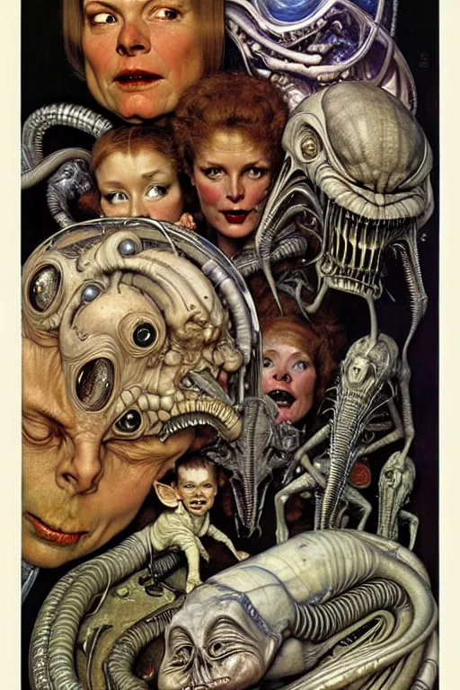Image similar to hyper realistic aliens by norman rockwell, hr giger, john sargent, mucha