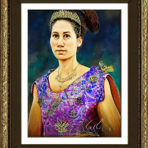 Prompt: the third berano sister wearing the royal garb of bangtadoki court, full realistic portrait impressionistic style six pictures