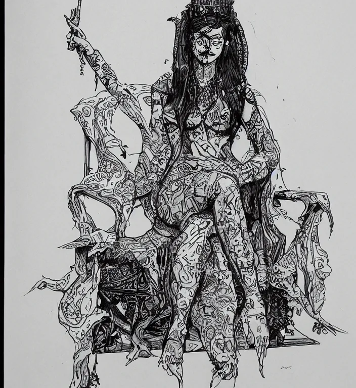 Image similar to salome full figure sitting on throne sketchbook ink drawing by james jean very detailed high contrast