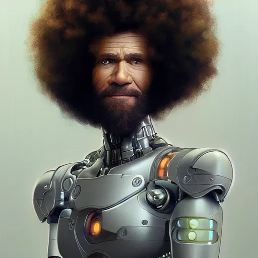 Prompt: portrait of cyborg bob ross intricate, elegant, highly detailed, my rendition, digital painting, artstation, concept art, smooth, sharp focus, illustration, art by artgerm and greg rutkowski and alphonse mucha and uang guangjian and gil elvgren and sachin teng, symmetry!!