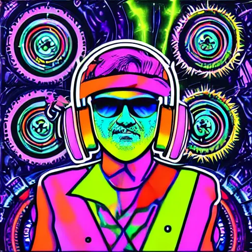 Image similar to svg sticker of a Dancing-Alex-Grey-Psychedelic-Rave-Man, at a rave, spinning records, giant headphones rocking out, wearing headphones, huge speakers, dancing, rave, DJ, spinning records, digital art, amazing composition, rule-of-thirds, award-winning, trending on artstation, featured on deviantart