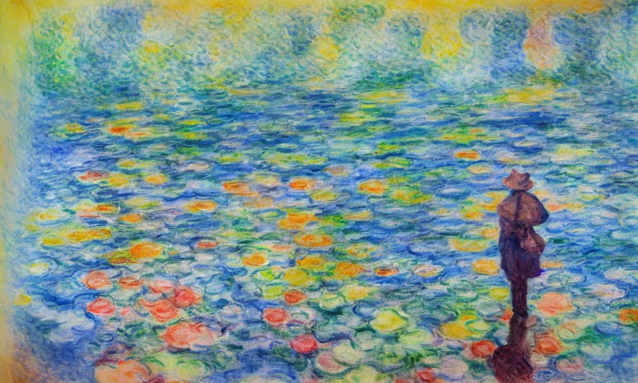 Prompt: An Abstract Illusionism style Wash made with Watercolor on canvas of A Tourist in the style of Claude Monet