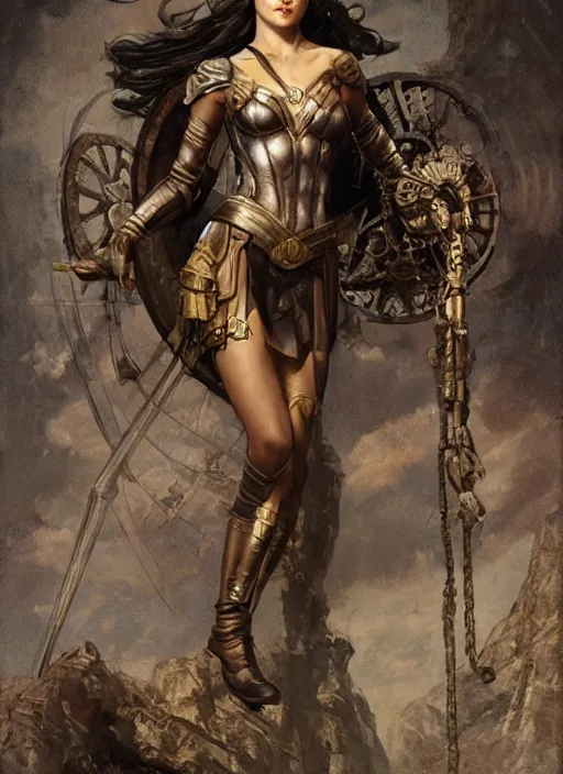 Image similar to highly detailed steampunk gal gadot standing on a mechanism : leonardo da vinci, greg rutkowski, magali villeneuve