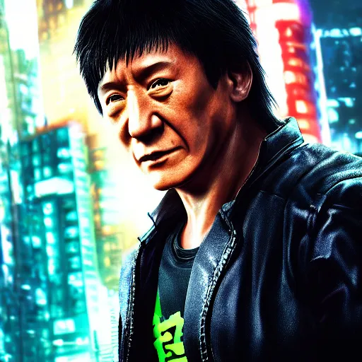 Image similar to jackie chan portrait, Cyberpunk 2077, cyberpsycho, photorealistic, ultra detailed, neon, octane, bokeh, cyber, cyberpunk city, feature, scars, cyberface, 8k