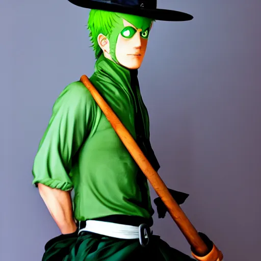 Image similar to A full portrait photo of real-life zoro one piece, f/22, 35mm, 2700K, lighting.