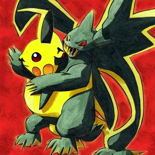 Image similar to pikachu fighting godzilla art