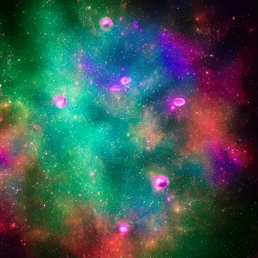 Prompt: glassy iridescent bubbles in space full of colorful clouds, stars and galaxies, volumetric light