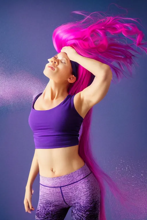 Image similar to a award winning half body shot of a beautiful woman in a croptop and leggings with a ombre purple pink teal hairstyle with head in motion and hair flying, outrun, vaporware, highly detailed, fine detail, intricate