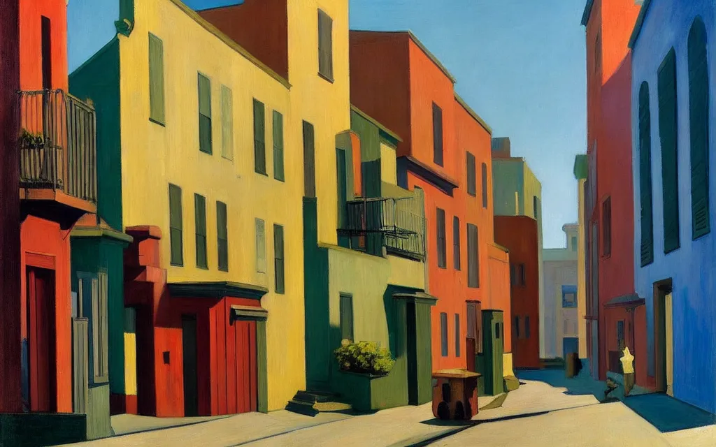 Prompt: a neighborhood with houses and alleys all the same and colorful, disturbing, high quality, edward hopper