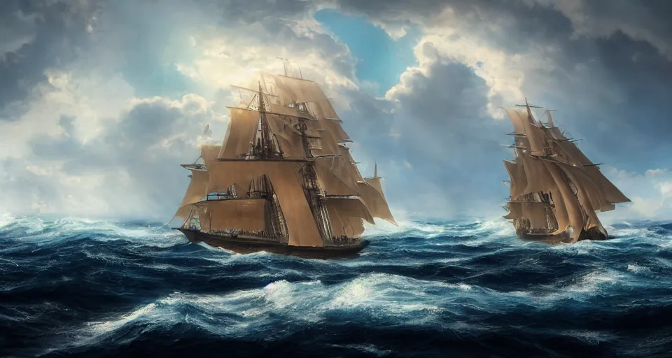 Prompt: a very large sailing ship in the middle of the sea, big waves, blue skies, voluminous clouds, dramatic lighting, sunshine rays, deep colors, masterpiece, amazing, beautiful, light bloom, photo - realistic, hyperdetailed, hyperrealistic, photography, 8 k resolution, behance hd, trending in artstation