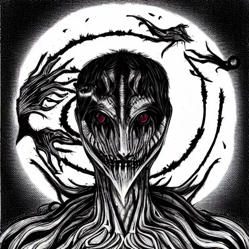 Image similar to werewolf in the style of Junji Ito and HR Giger