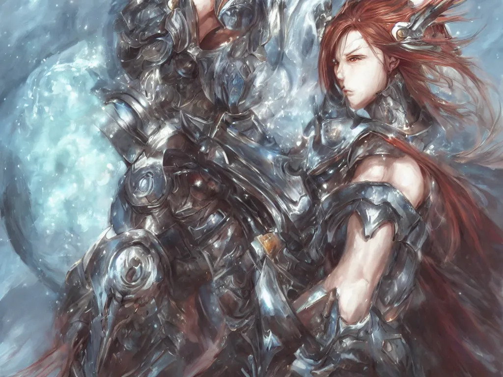 Prompt: a halfbody portrait of a warrior character with a shield, by yoshitaka amano, featured on pixiv, fantasy art, official art, androgynous, anime