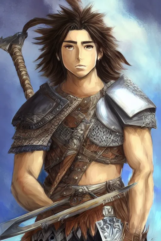 Prompt: A realistic anime portrait of a young handsome male barbarian with long wild hair, intricate fantasy spear, plated armor, D&D, dungeons and dragons, tabletop role playing game, rpg, jrpg, digital painting, by Ayami Kojima, digtial painting, trending on ArtStation, SFW version