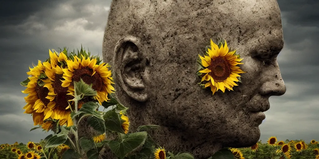 Image similar to old soldiers head being overgrown by sunflowers, Minsk in background, dark, eerie, despair, portrait photography, artstation, digital art, adward winning, concept art, artstation, highly detailed, sharp focus, by caravaggio