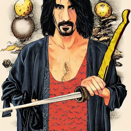 Image similar to attractive 22 year old Frank Zappa x Daniel Radcliff x Keanu Reeves golden Vagabond magic swordsman glides through a beautiful battlefield magic the gathering dramatic esoteric!!!!!! pen and ink!!!!! illustrated in high detail!!!!!!!! by Hiroya Oku!!!!! Written by Wes Anderson graphic novel published on shonen jump 2002 award winning!!!!