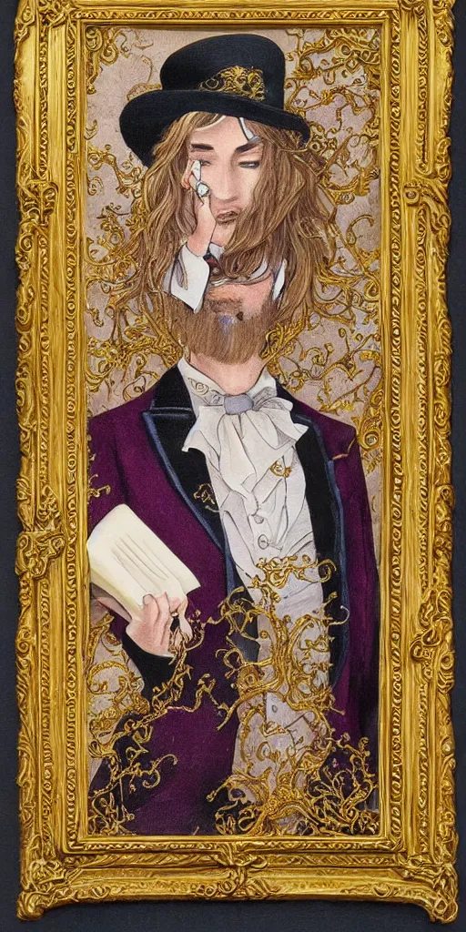 Image similar to beautiful detailed acrylic painting mystical mentalist man, has blond hair and a top hat. Wearing embroidered noble clothes. A small book with gold filigree in hand. Renaissance. Fantasy.