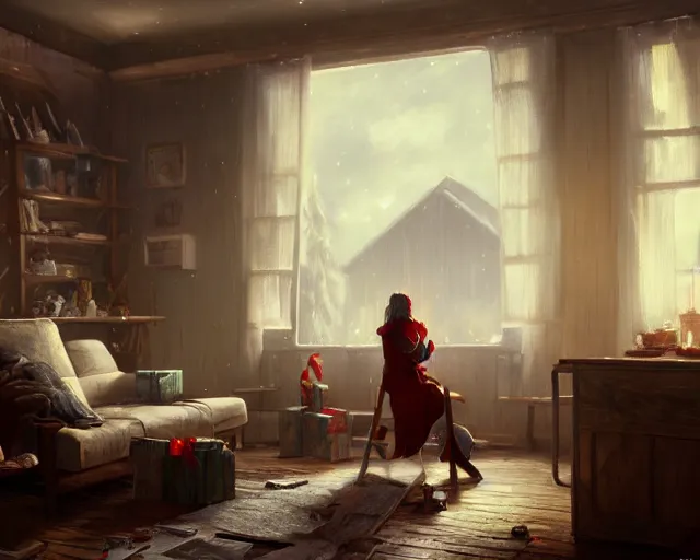 Image similar to a christmas eve photorealistic painting, cozy home, interior, sci - fi, wlop, concept art, octane render, deviantart, greg rutkowski, cinematic, key art, hyperrealism