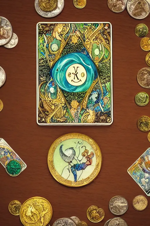 Prompt: fantasy tarot cards and coins on a wooden table seen from above, warm lighting, fantasy, intricate, elegant, highly detailed, digital painting, artstation, concept art, matte, sharp focus, illustration, art by kay nielsen and walter crane, illustration style, watercolor