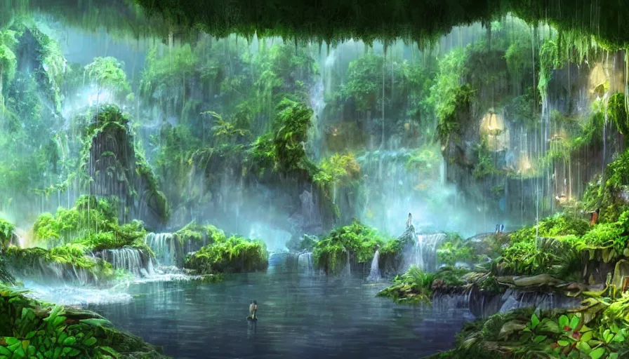 Image similar to concept art of a huge underground jungle cave with waterfalls, lakes, luminescent plants, colorful, high detailed, ultra realistic