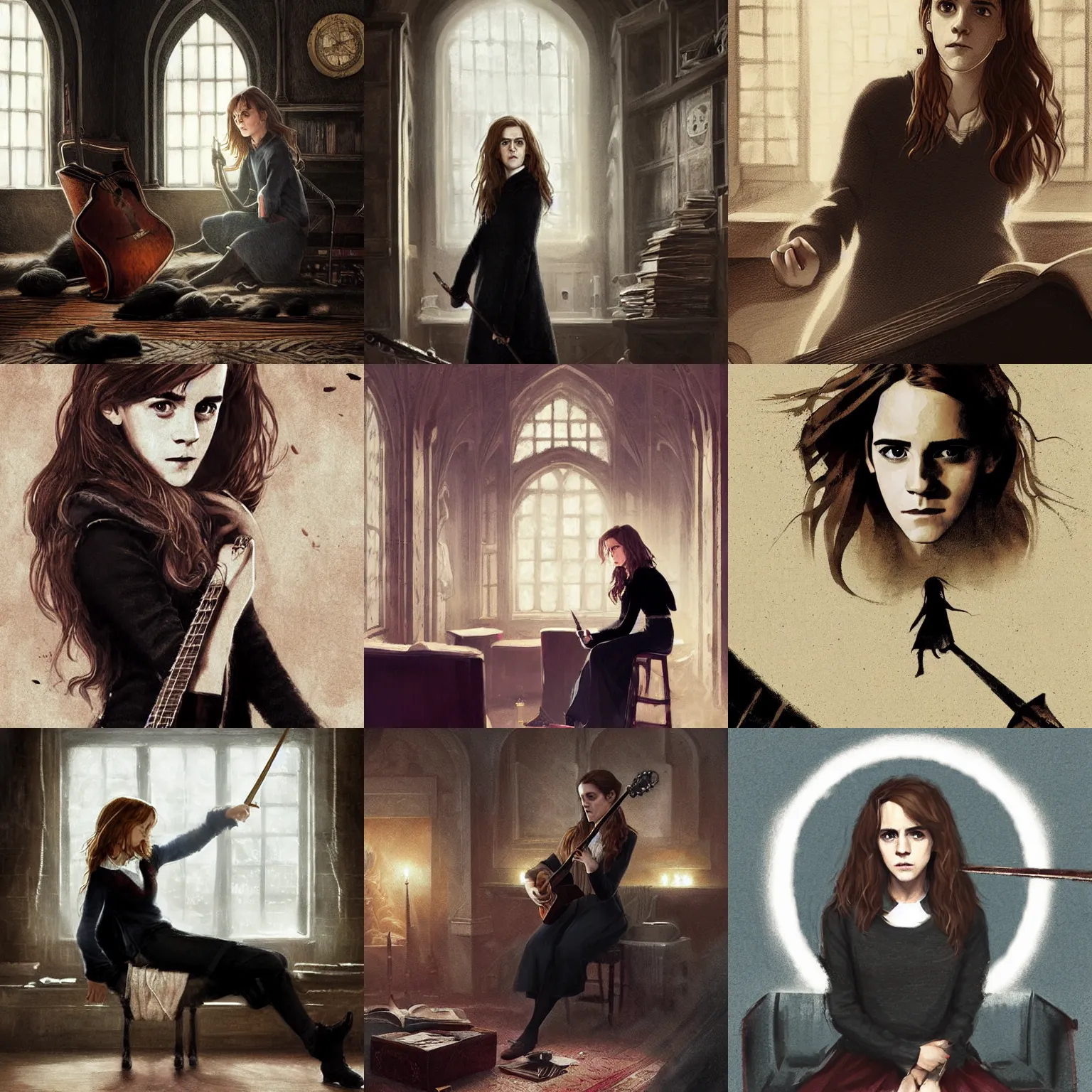 Prompt: Hermione Granger/Emma Watson wearing a black sweater, playing a guitar, in the Gryffindor common room, digital art by Greg Rutkowski