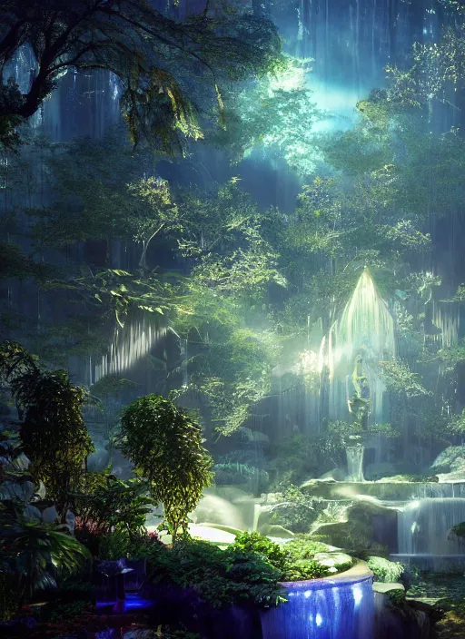 Prompt: beauteous sumptuous, with incredible iridescent pearlescent voluminous fluorescent neon indirect soft glow cinematic lighting, fountain of youth, secret garden, crystalline masterpiece incrustations, hyperdetailed features, movie still, intricate, octane render, cinematic forest lighting, unreal engine, crepuscular rays, god rays