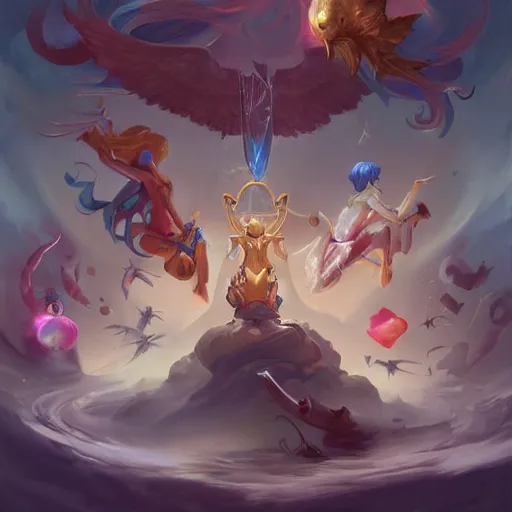 Image similar to angelical time keepers performing a ritual of planetary sacrifice, emotional, fantastic, stars, detailed, digital art, artstation by peter mohrbacher and artgerm, league of legends splash art