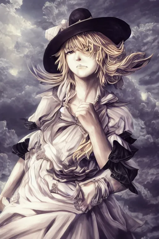 Prompt: Kirisame marisa from touhou, dramatic, elaborate emotive Baroque and Rococo styles to emphasize beauty as a transcendental, 8k image, ultra-realistic, the style of WLOP