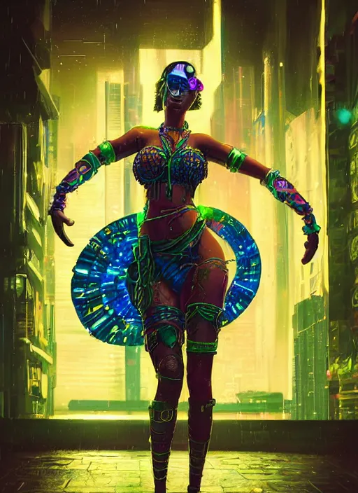 Image similar to An epic fantasy comic book style portrait painting of a very beautiful cyberpunk Hula Dancer in the rain, neon reflections, character design by Mark Ryden and Pixar and Hayao Miyazaki, unreal 5, DAZ, hyperrealistic, octane render, cosplay, RPG portrait, dynamic lighting, intricate detail, cinematic