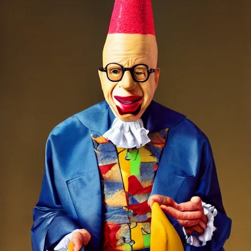 Prompt: UHD candid photo of Klaus Schwab dressed as flamboyant emperor wearing dunce cap, wearing extremely accurate clown makeup, accurate face, UHD, photorealistic, correct face, photo by Annie Leibowitz