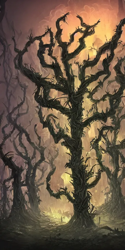 Prompt: a city made of twisted trees and thorny vines with glowing flowers, dark, moody, concept art