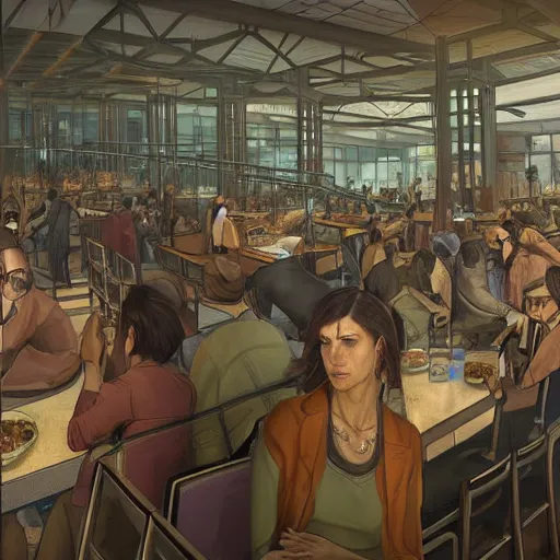 Image similar to a worried person in a crowded busy dystopian cafeteria interior by otto frello