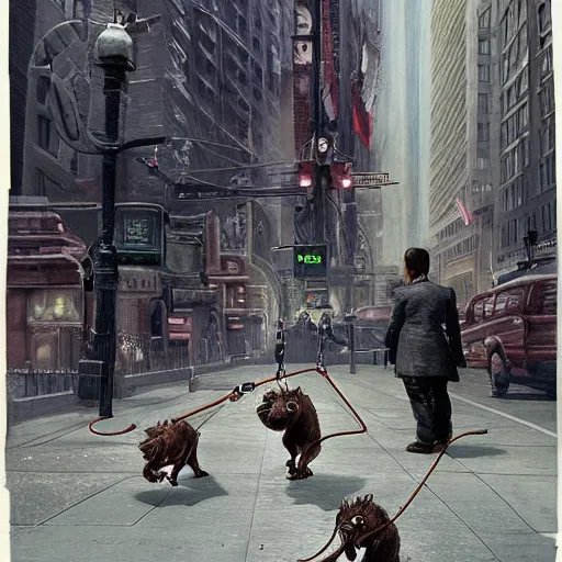 Image similar to Stunning Hyperealistic portrait of Giant Dishonored enormous furry rats walking humans on a leash in the city of New York.