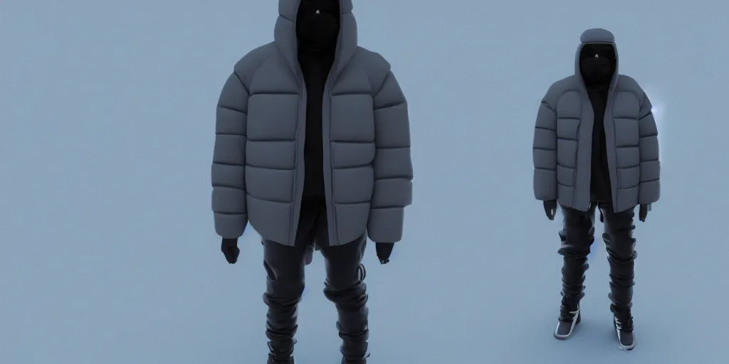 Image similar to kanye west wearing a full face - covering black mask, a small, tight, children size reflective baby blue puffer jacket made of nylon, gray jeans pants and big black rubber boots in 3 d, blender, octane render, 3 d render, realistic, unreal engine, studio light, 4 k, 8 k