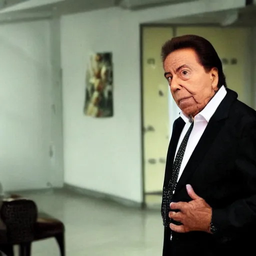 Prompt: silvio santos, a still of a thriller movie scene