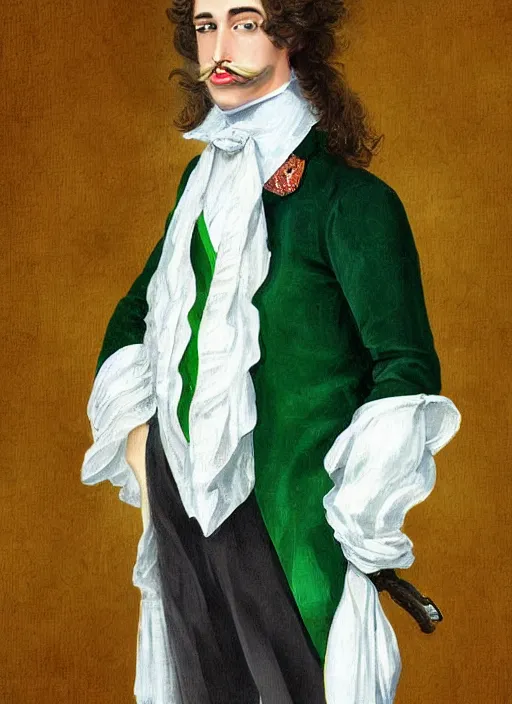 Prompt: a french baron at 2 0 years old, long hair, wear an elegant mustach, white scarf, green shirt, by artgem, digital art, highly detailled
