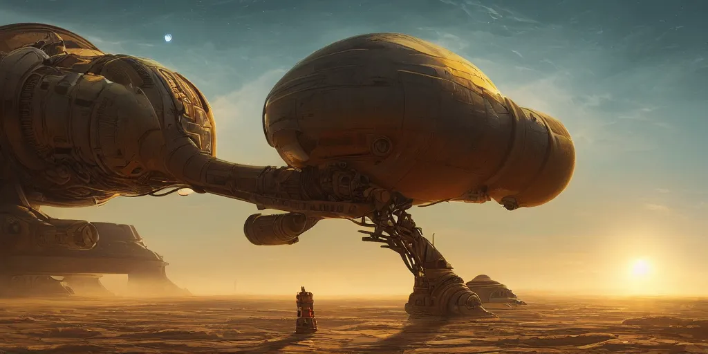 Prompt: legendary space ship, elephant shape, desert planet, alien technology, cinematic, highly detailed, large blue engines, scifi, yellow windows and details, hyper realism, intricate digital painting, red glow, gigantic landing pad, scifi base, artstation, by johnson ting, jama jurabaev