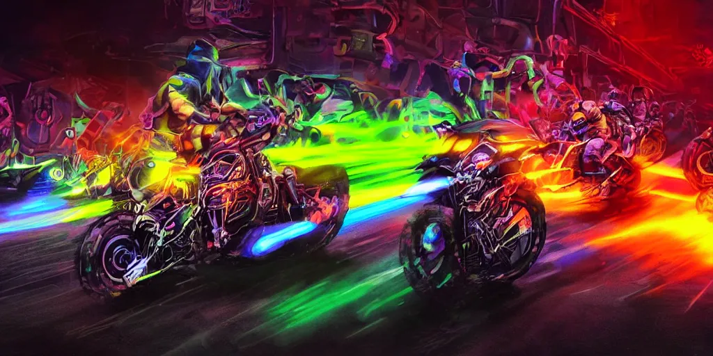 Image similar to psychedelic blacklight neon airbrush artwork, motorcycles, hyper stylized cinematic action shot of orcs in battle armor racing on motorcycles, menacing orcs, drifting, skidding, wheelie, clear focused details, soft airbrushed artwork, black background, post apocalypse, cgsociety, artstation