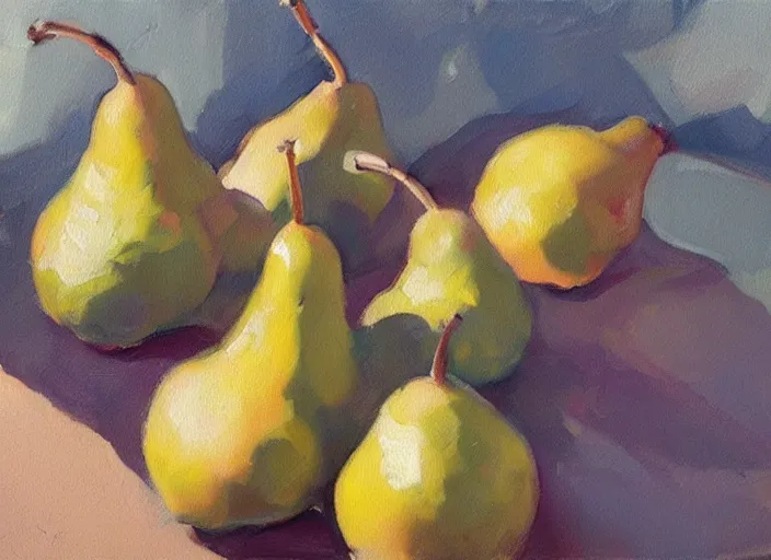 Image similar to oil painting of translucent pears on tree by greg manchess