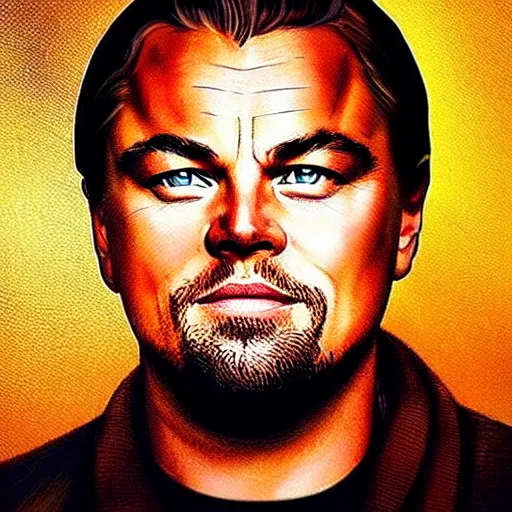Prompt: “Leonardo DiCaprio, beautiful, golden colors, sharp focus, hyperrealistic impasto”