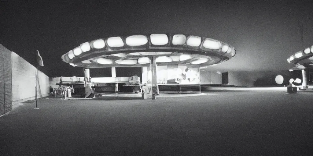 Image similar to low angle shot of a space port at night, set design by Ed Wood, in the style of Jim Jarmusch, shot on film, grainy, hyperrealistic