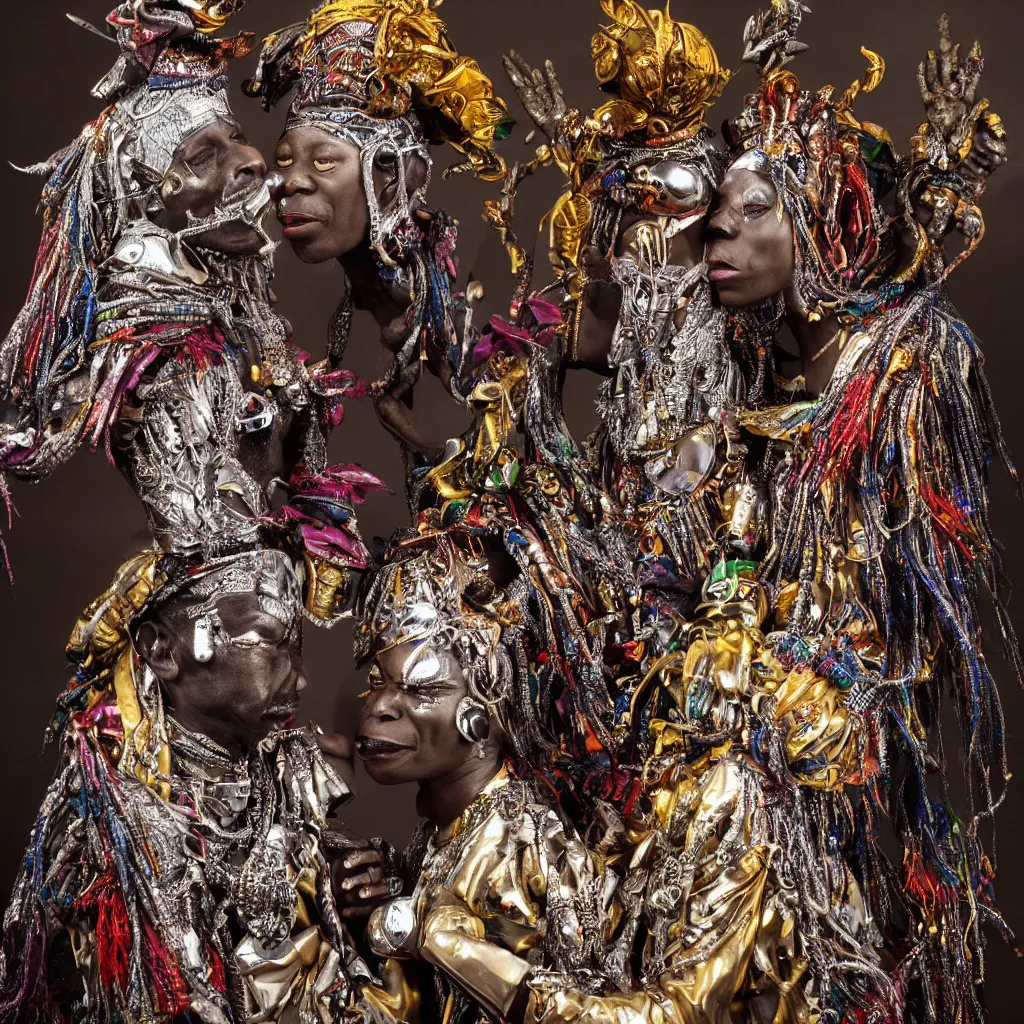 Image similar to a high-resolution color-chrome silverplate photo of a hyper realistic African voodoo priest, kissing a incredible elegant alien rococo Queen with ornate jewelled, sci-fi, high-tech, beautiful low light, style Steve McCurry Octane render 8k