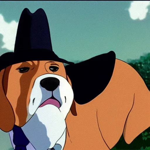 Image similar to a beagle wearing a business suit and fedora, studio ghibli